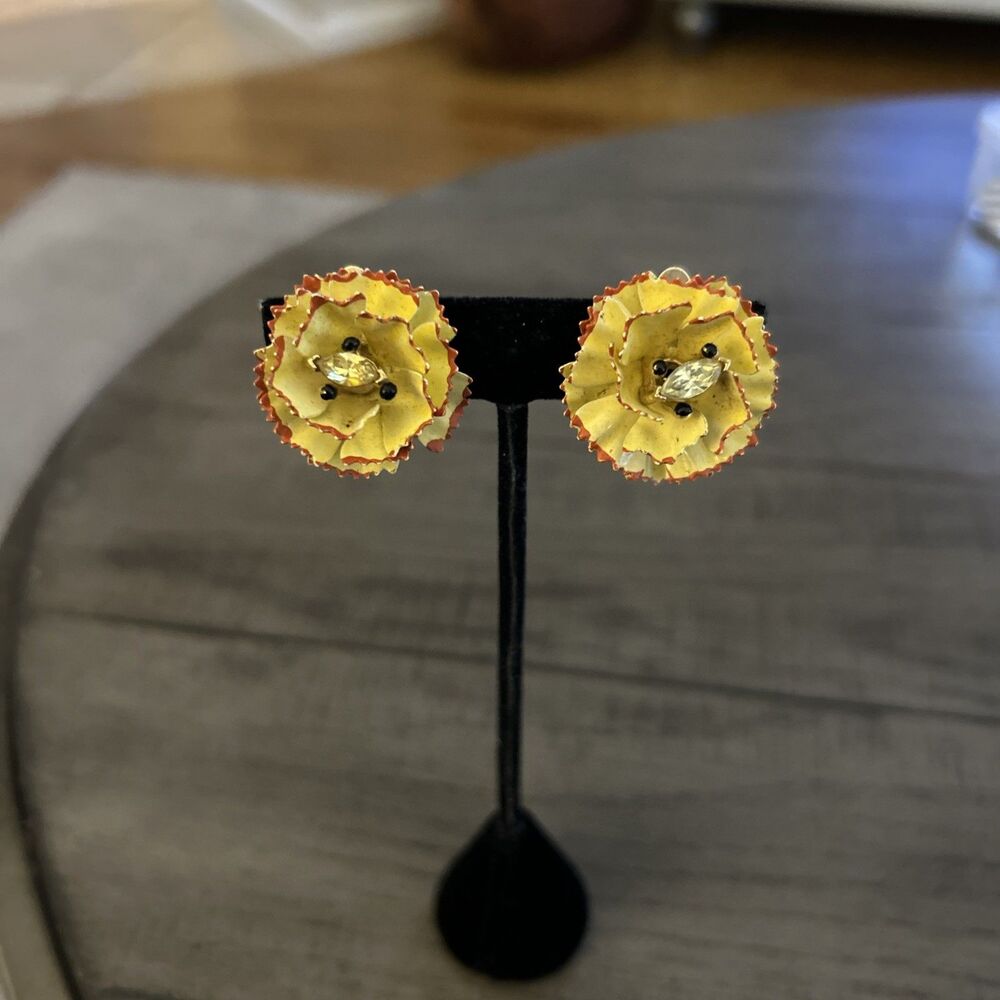 Vintage Golden Yellow Flower Clip On Earrings